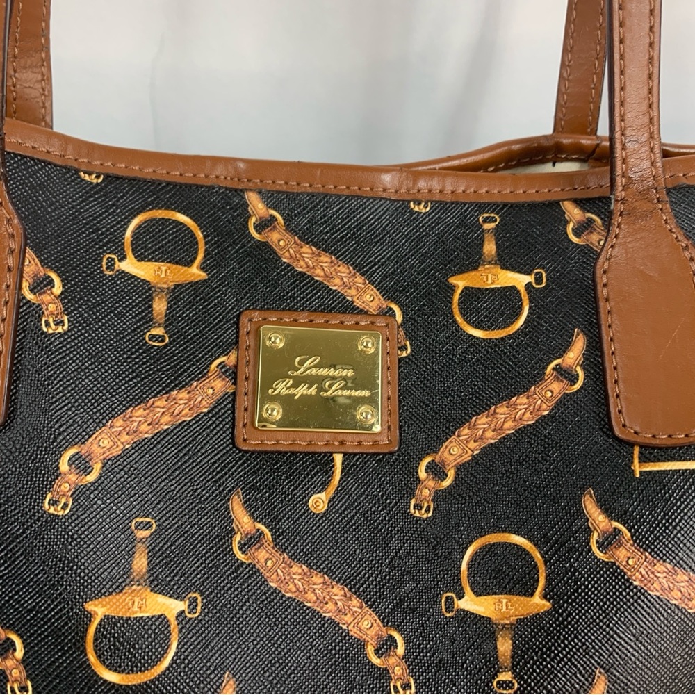 LAUREN RALPH LAUREN Horsebit Canvas Black and Brown Coated Canvas Tote Bag - Picture 3 of 16